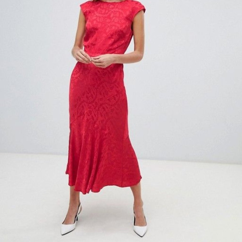 WAREHOUSE Red Jacquard Midi Dress